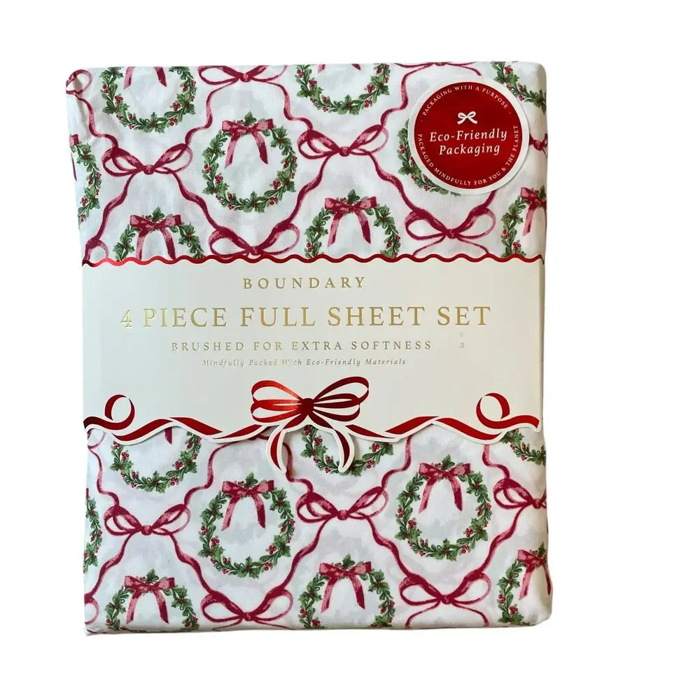 Envogue FULL 4pc Sheet Set Holiday Bows & Wreath Holiday Bedding Green Red NEW